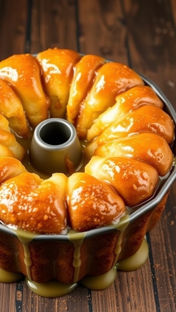 A bundt pan filled with golden monkey bread, drizzled with glaze, on a rustic wooden table.